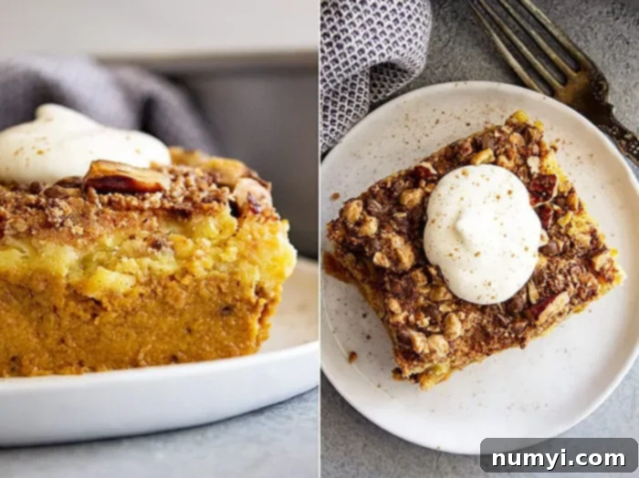 Simple Pumpkin Perfection 7 A beautiful collage featuring a close-up of the distinct layers of the pumpkin dump cake and a single piece served on a white plate with whipped cream and a sprinkle of cinnamon.