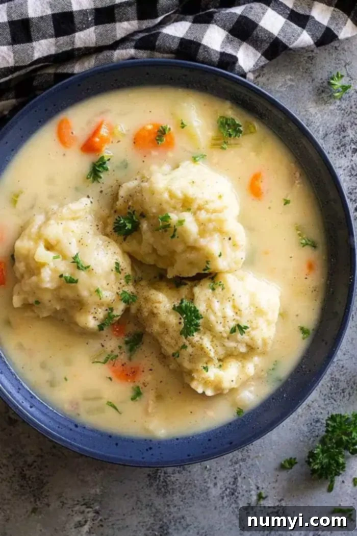 Top down view of creamy turkey dumpling soup in a bowl. Garnished with chopped parsley and black pepper. 