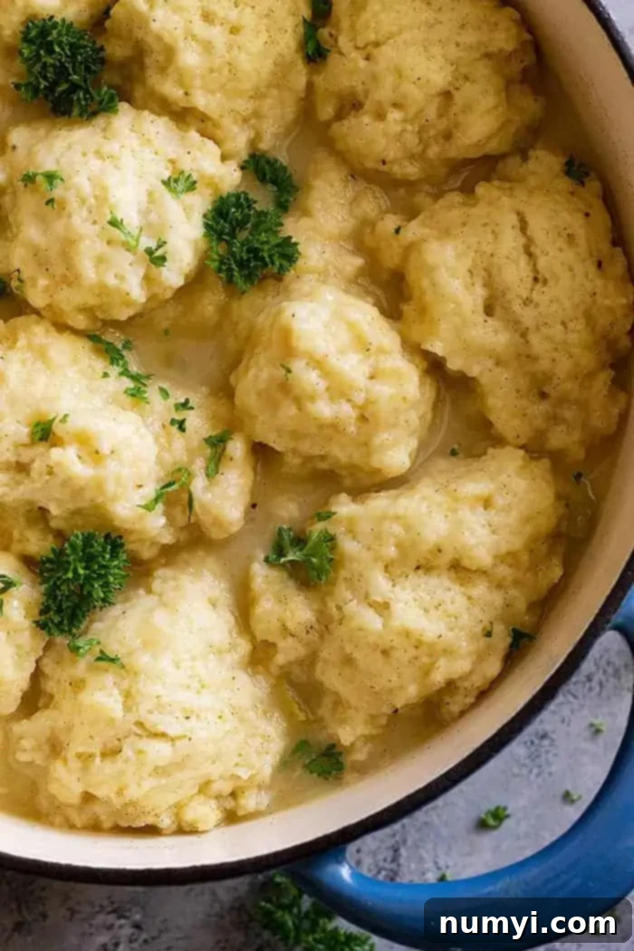 Close up of dumplings in the creamy turkey dumpling soup. 