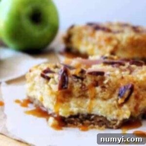 Harvest Apple Caramel Cheesecake Squares 2 Caramel Apple Cheesecake Bars in a baking dish, with a few slices cut out