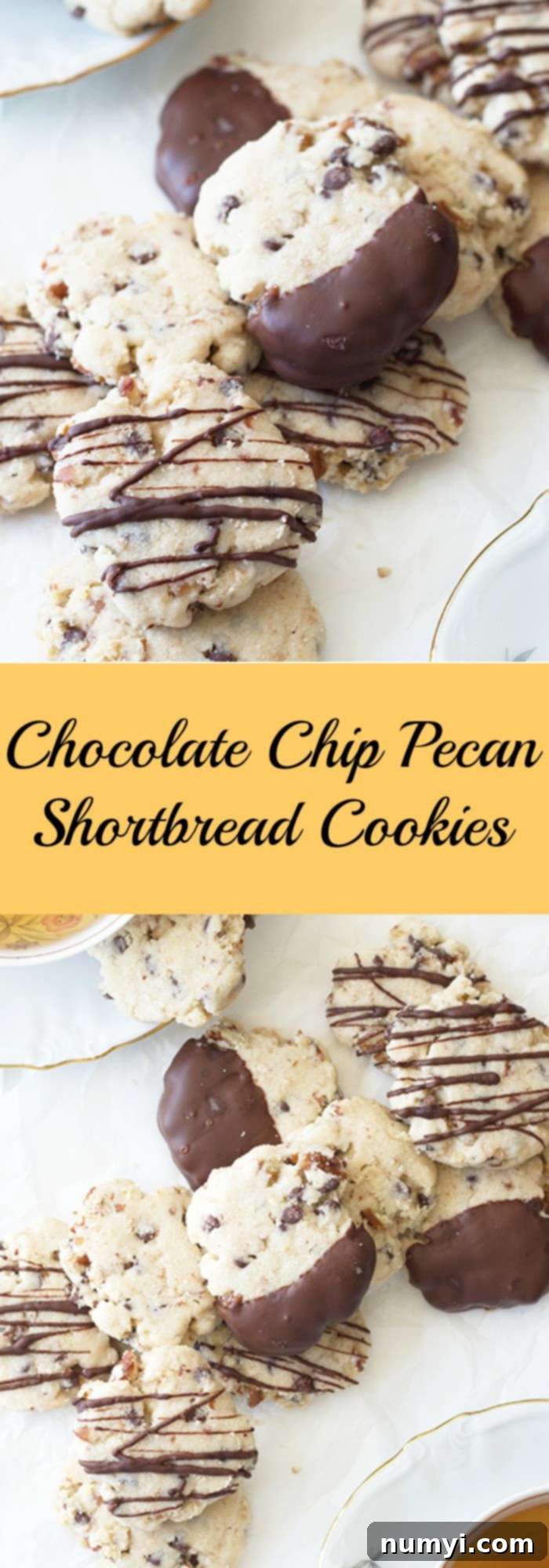 Two side-by-side photos featuring delicious pecan shortbread cookies with chocolate chips, one showing the full batch and the other a close-up of the texture, separated by a textual overlay encouraging the recipe.