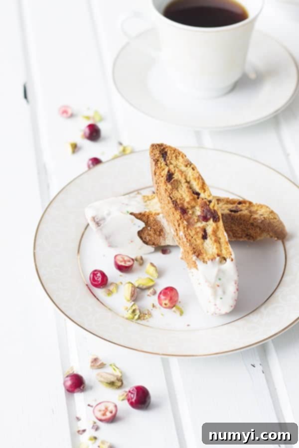 Crunchy Cranberry Pistachio Delight 2 A plate with two perfectly baked cranberry pistachio biscotti and a warm cup of coffee on a saucer in the background, set on a rustic surface.
