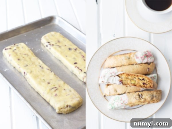 Crunchy Cranberry Pistachio Delight 4 Two photos side by side showing the baking process of cranberry pistachio biscotti: the left displays raw dough shaped into logs on a baking sheet, and the right presents a plate brimming with golden-brown, finished biscotti.