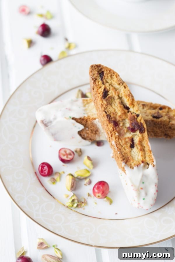 Crunchy Cranberry Pistachio Delight 5 A simple yet elegant presentation of two pistachio cranberry biscotti on a white plate, showcasing their inviting golden color and visible mix-ins.