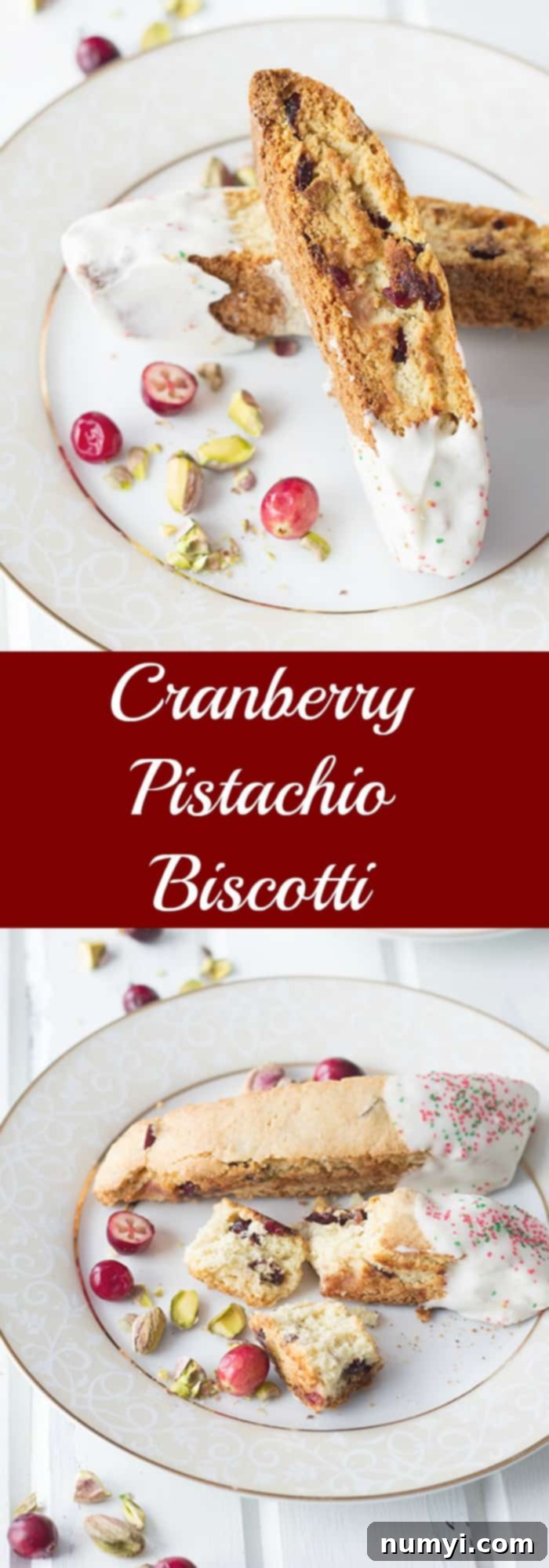 Crunchy Cranberry Pistachio Delight 7 Two enticing photos of cranberry pistachio biscotti, beautifully dipped in white chocolate, separated by an elegant text overlay, highlighting their festive appeal.