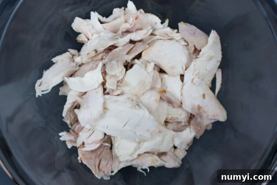 Quick and Delicious Chicken Salad 3 Savory Chicken Salad - cooked chicken in a glass mixing bowl