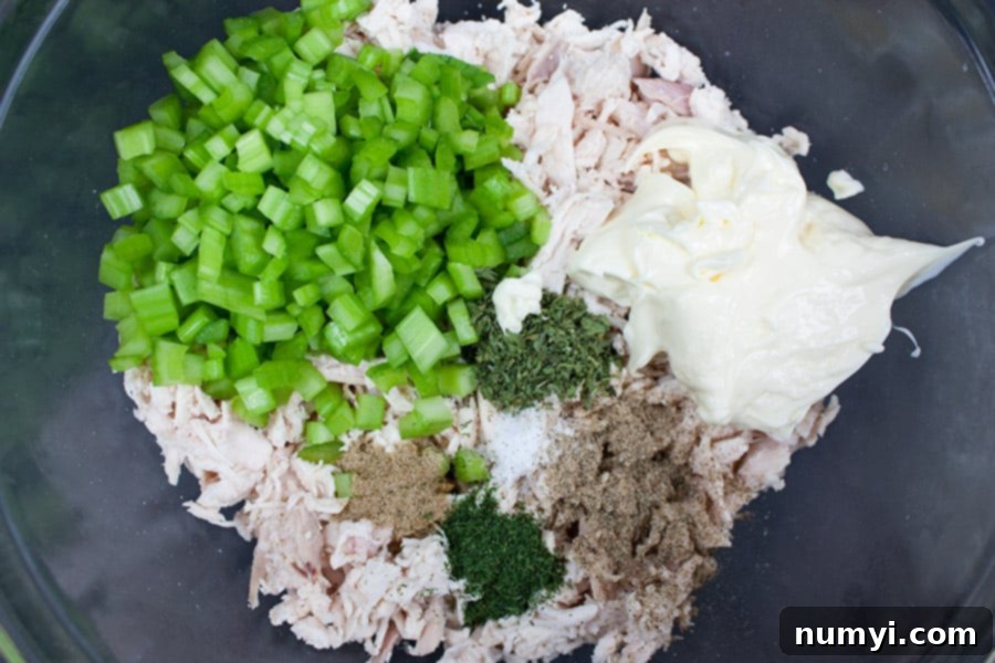 Quick and Delicious Chicken Salad 5 Savory Chicken Salad - shredded chicken, celery, mayonnaise, and spices in a glass mixing bowl