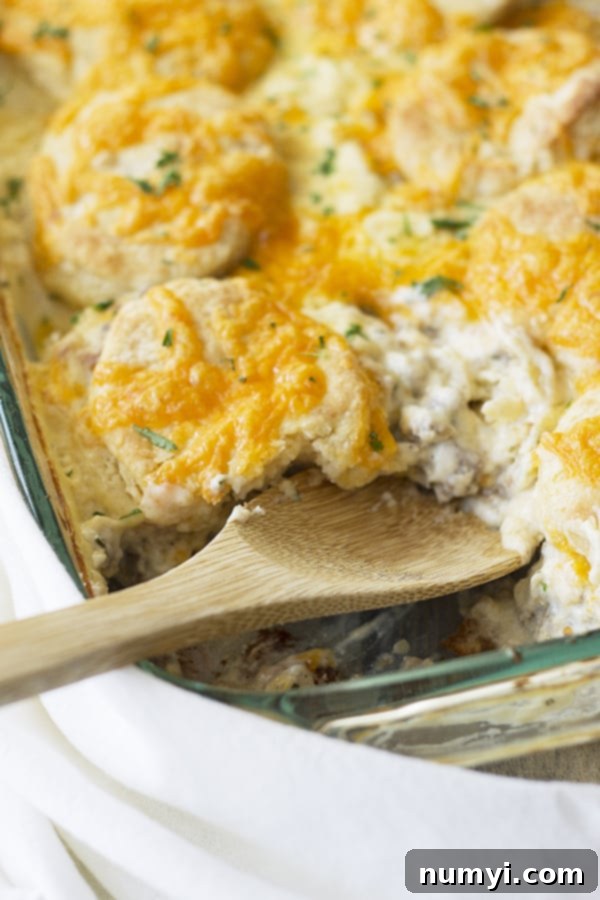 Hearty Biscuits and Gravy Bake, a comforting and easy Christmas breakfast casserole.