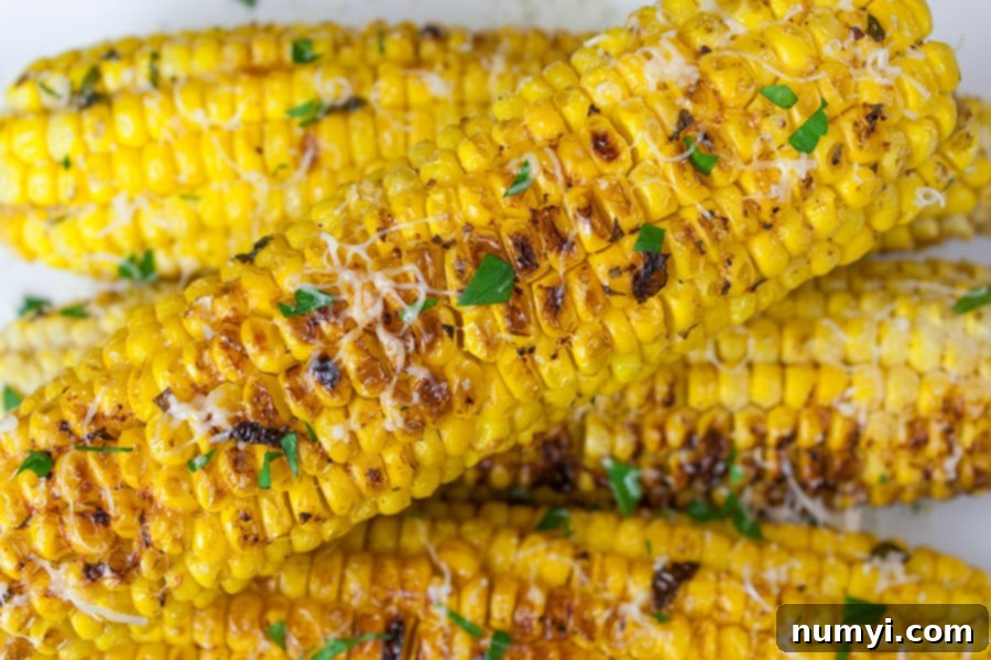 Grilled Parmesan Corn On The Cob stacked on top of each other, showcasing golden kernels and melted cheese.