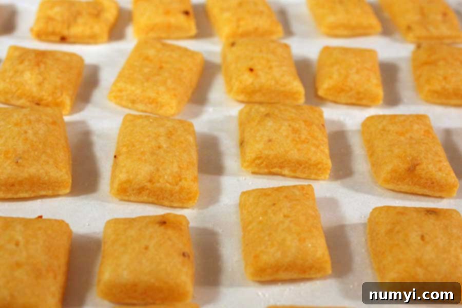 Whip Up Your Own Spicy Cheese Crackers 7 A baking sheet filled with freshly baked, golden-brown cheese crackers, cooling slightly on parchment paper.