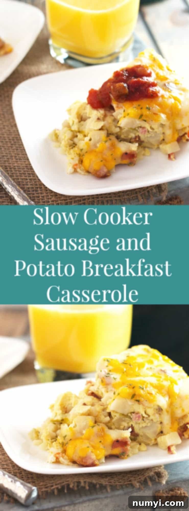 Overnight Slow Cooker Sausage and Potato Bake 6 Collage of various images depicting the slow cooker potato and sausage breakfast casserole at different stages, bisected by a text overlay promoting the recipe.