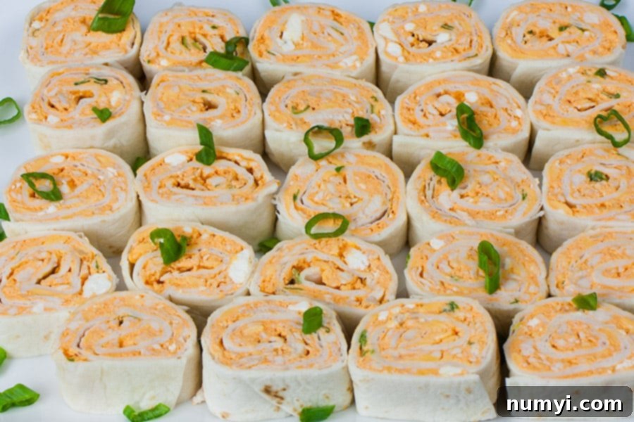 Easy Buffalo Chicken Pinwheels layed out next to each other.