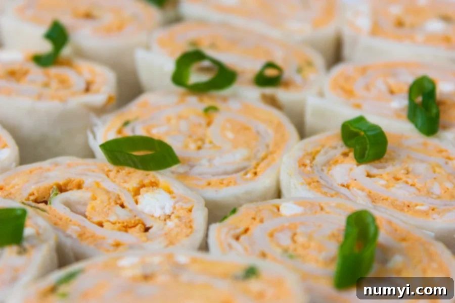 closeup of Buffalo Chicken Pinwheels