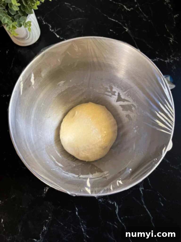 Pizza dough covered with plastic wrap, rising in a stand mixer bowl.