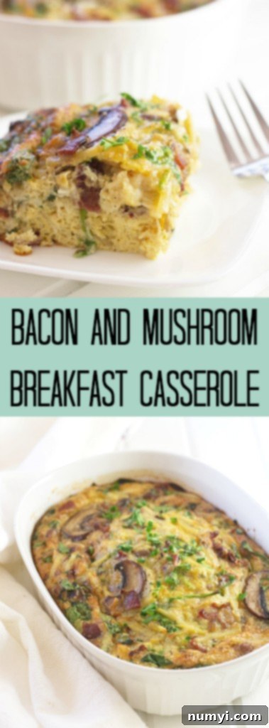 Savory Bacon Mushroom and Spinach Breakfast Casserole 5 A full Bacon, Mushroom, and Spinach Breakfast Casserole cooling after being baked, ready to be sliced and served for a family breakfast.