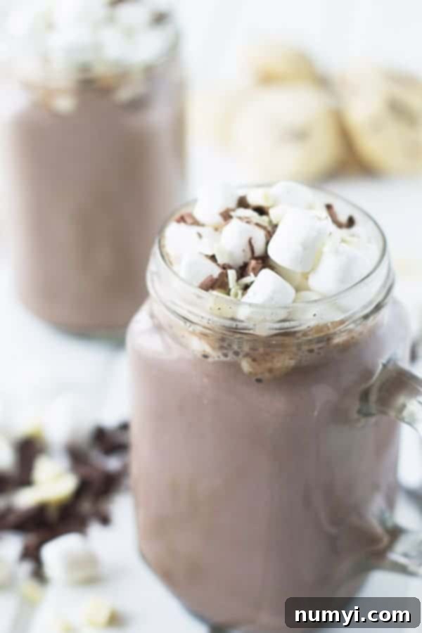 a close up photo of a mason jar mug full of hot chocolate with marshmallows and chocolate shavings on top, and another mug in the background out of focus