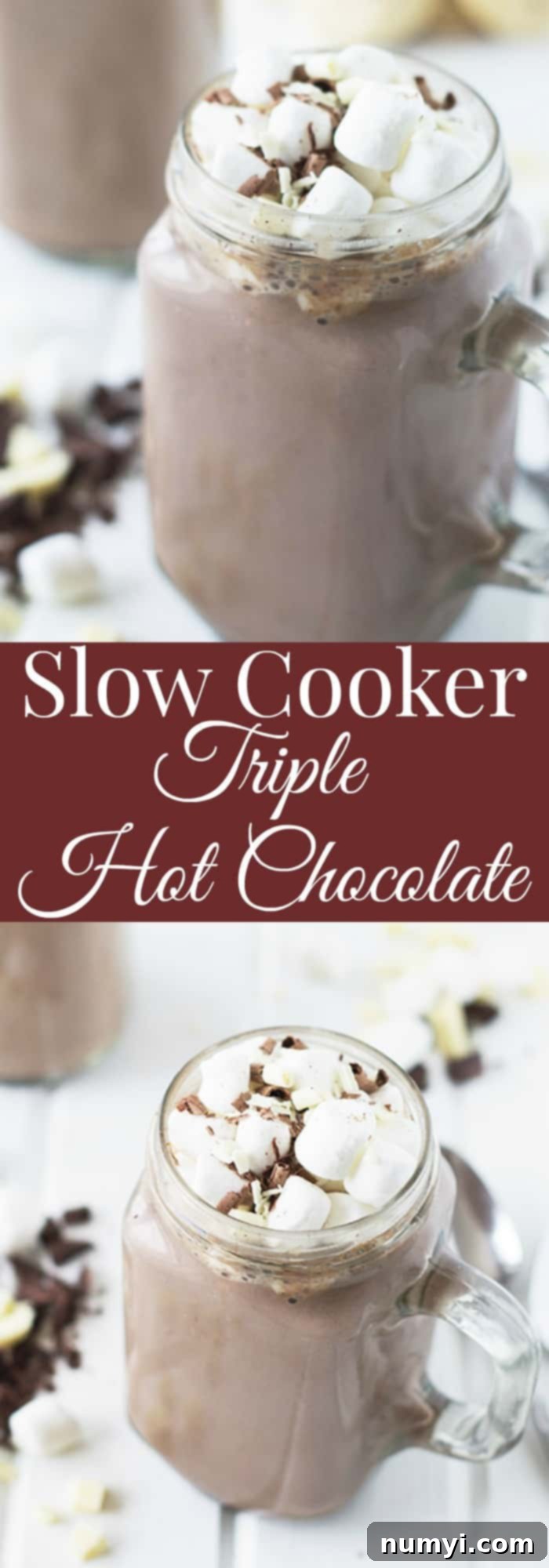 two photos of slow cooker hot chocolate in mason jar mugs with marshmallows on top bisected by text overlay