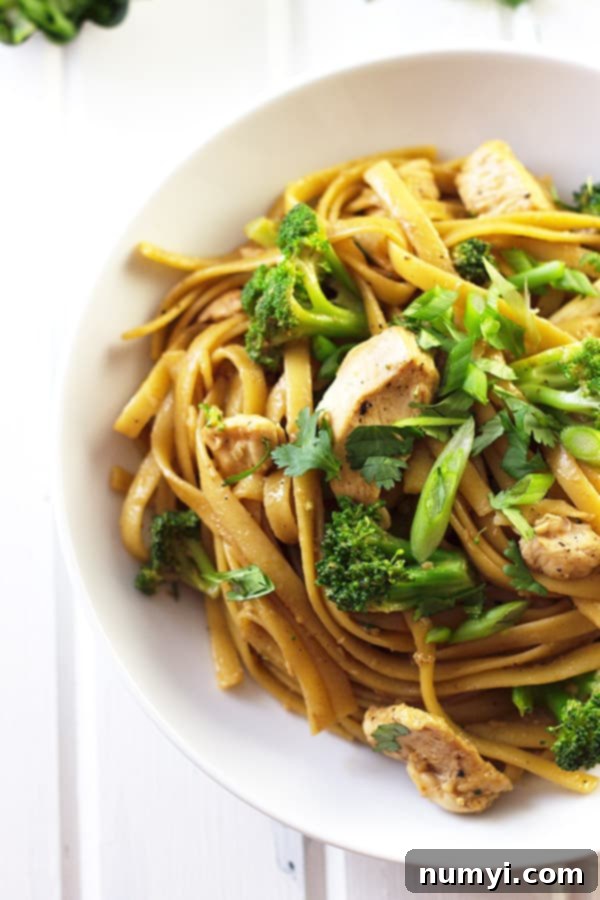 broccoli and chicken tossed with noodles and an asian-inspired sauce, garnished with fresh herbs