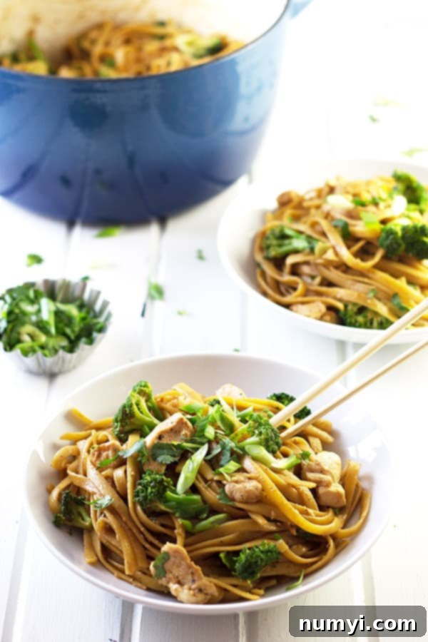 bowls of chicken and noodles with broccoli and a navy blue dutch oven in the background, showing a family style meal