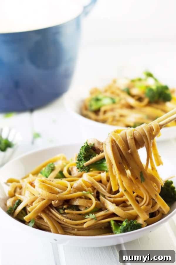 a bowl of chicken, noodles, and broccoli being eaten with a pair of chopsticks, highlighting the appealing texture