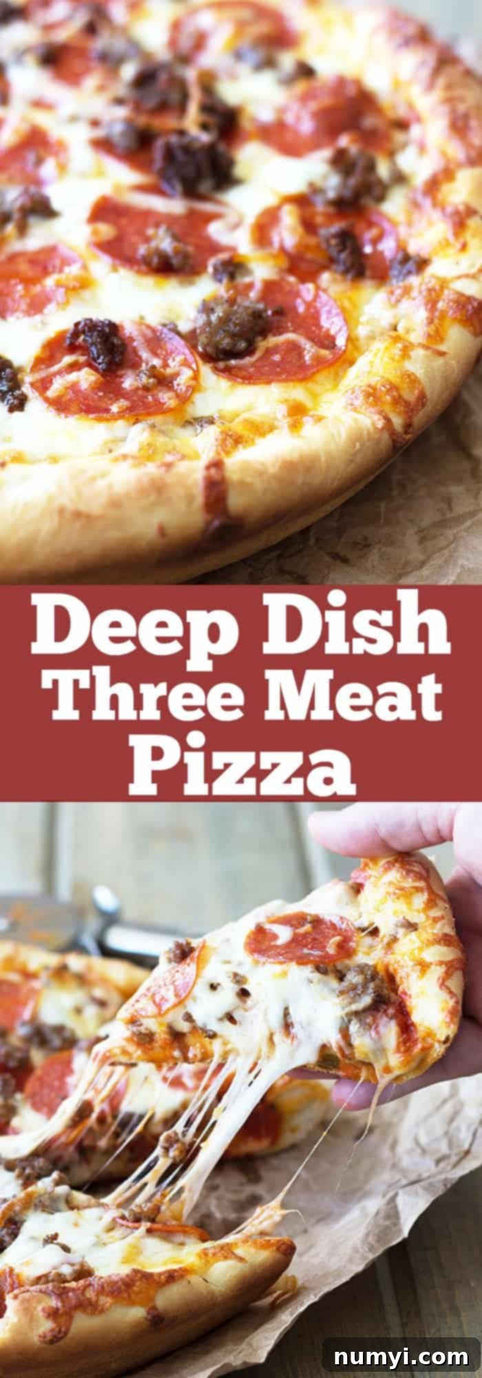 A hand lifting a slice of deep dish pizza from the skillet, revealing a string of melted cheese and the thick, meaty layers underneath. Overlay text promotes the recipe.