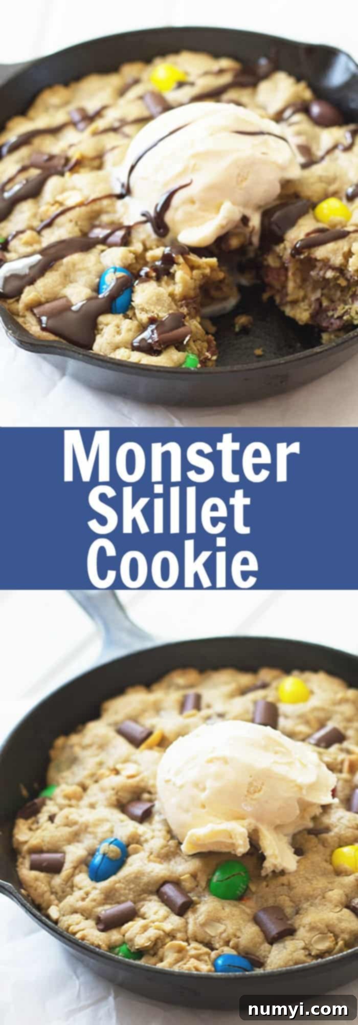 Close-up shot of a Monster Skillet Cookie generously topped with M&Ms, chocolate chunks, and peanuts, served in a cast iron skillet with a scoop of melting vanilla ice cream.