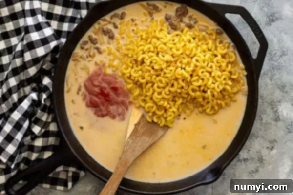 Overhead view of skillet with pasta, tomato sauce, broth, and milk added.
