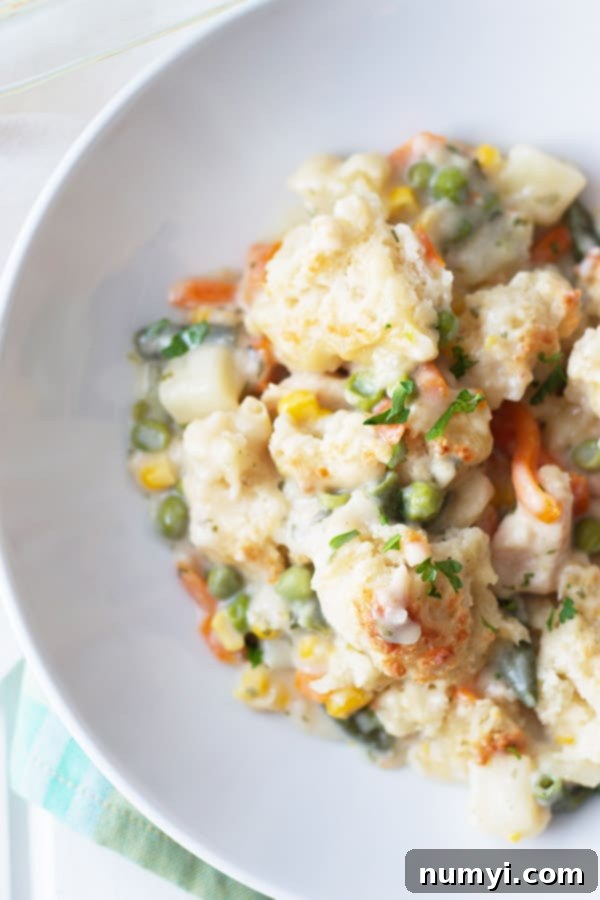 Overhead shot of easy Chicken Pot Pie with a crumble topping in a bowl