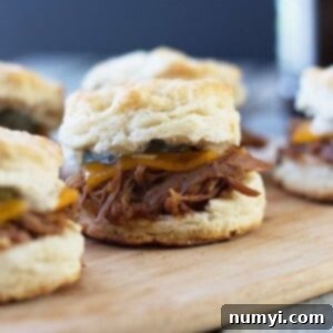 Southern Style Pulled Pork Biscuit Minis 6 Finished BBQ Pulled Pork Biscuit Sliders ready to serve