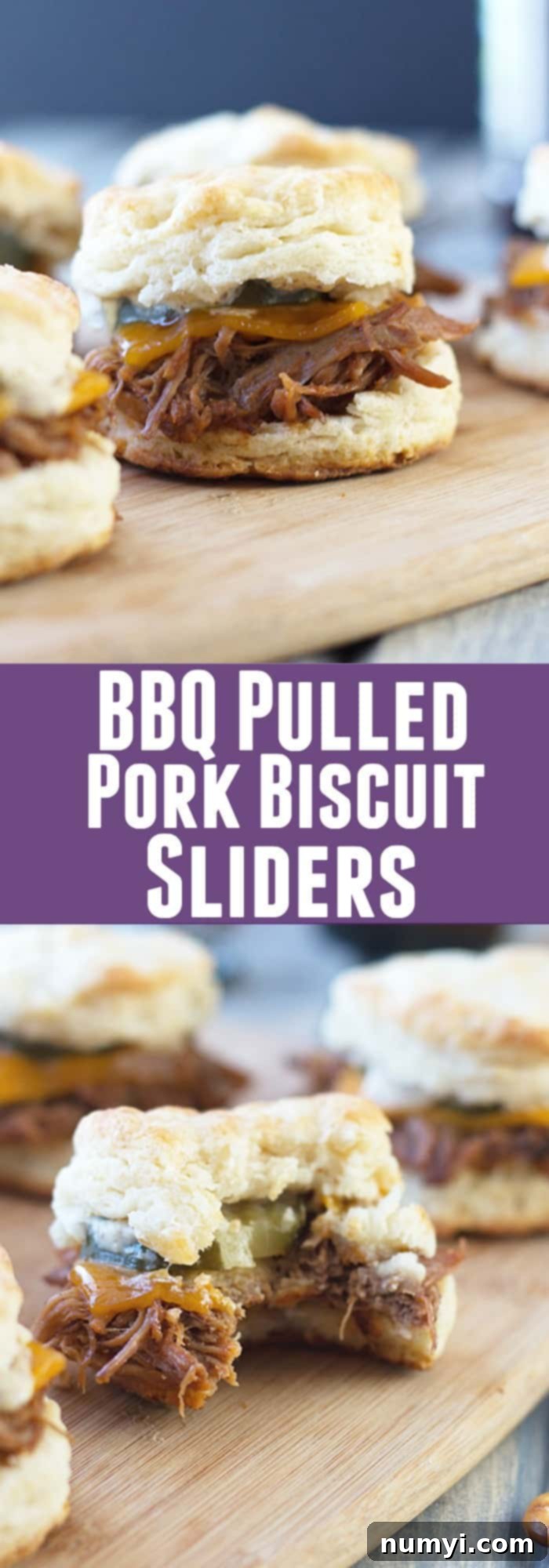 Southern Style Pulled Pork Biscuit Minis 7 Overhead shot of many BBQ Pulled Pork Biscuit Sliders on a wooden board.