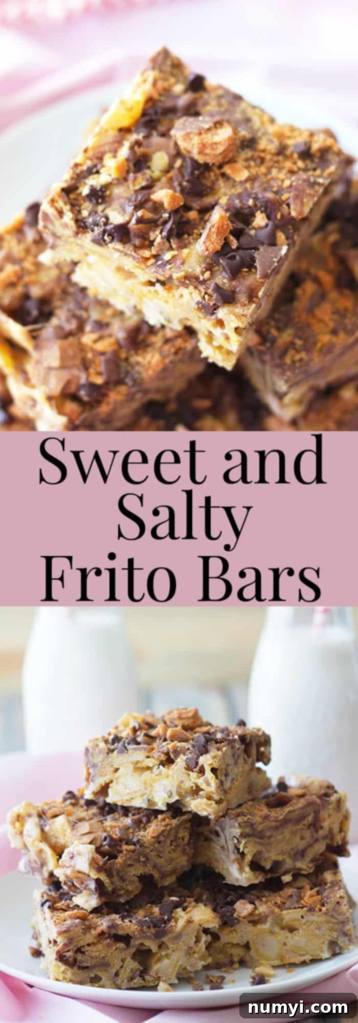 two photos of frito dessert bars with chocolate chips stacked on a white plate, bisected by text overlay
