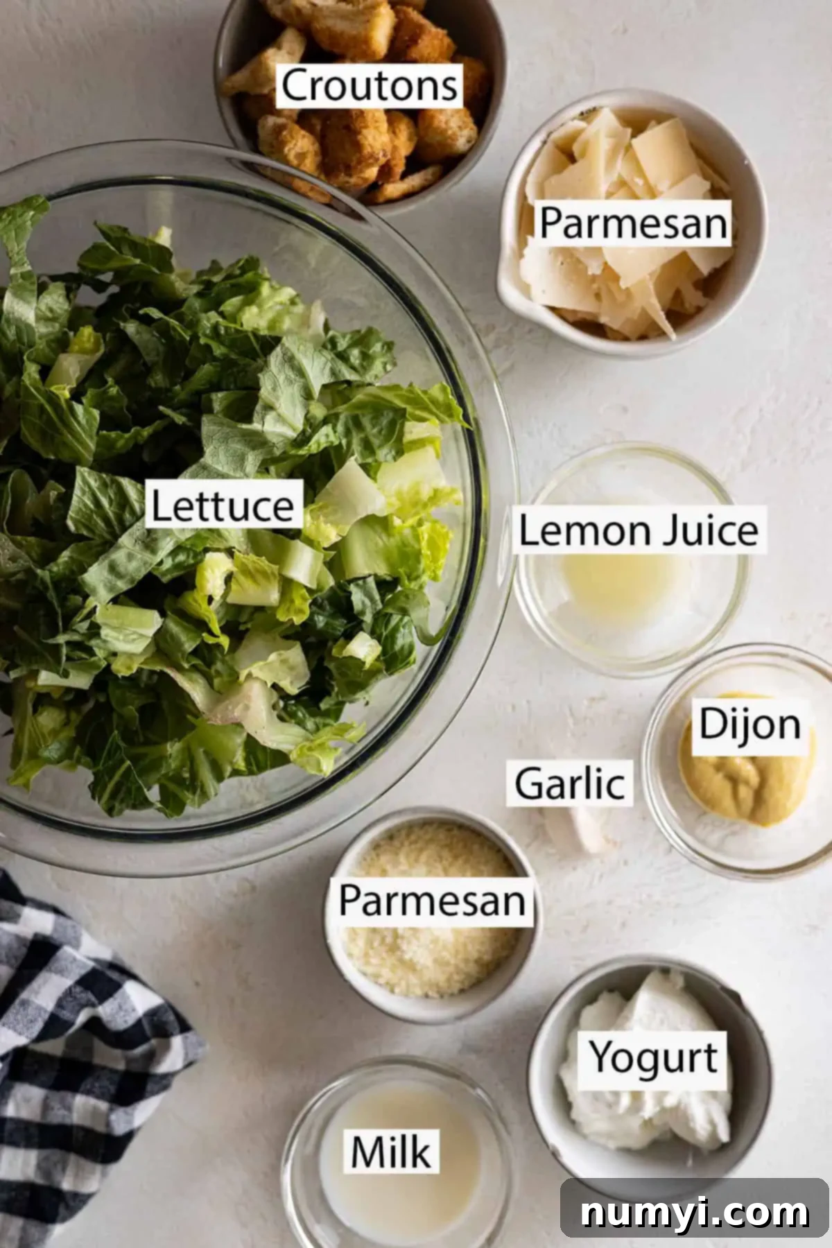 Ingredients: Lettuce, croutons, parmesan, lemon juice, dijon, garlic, yogurt, and milk.
