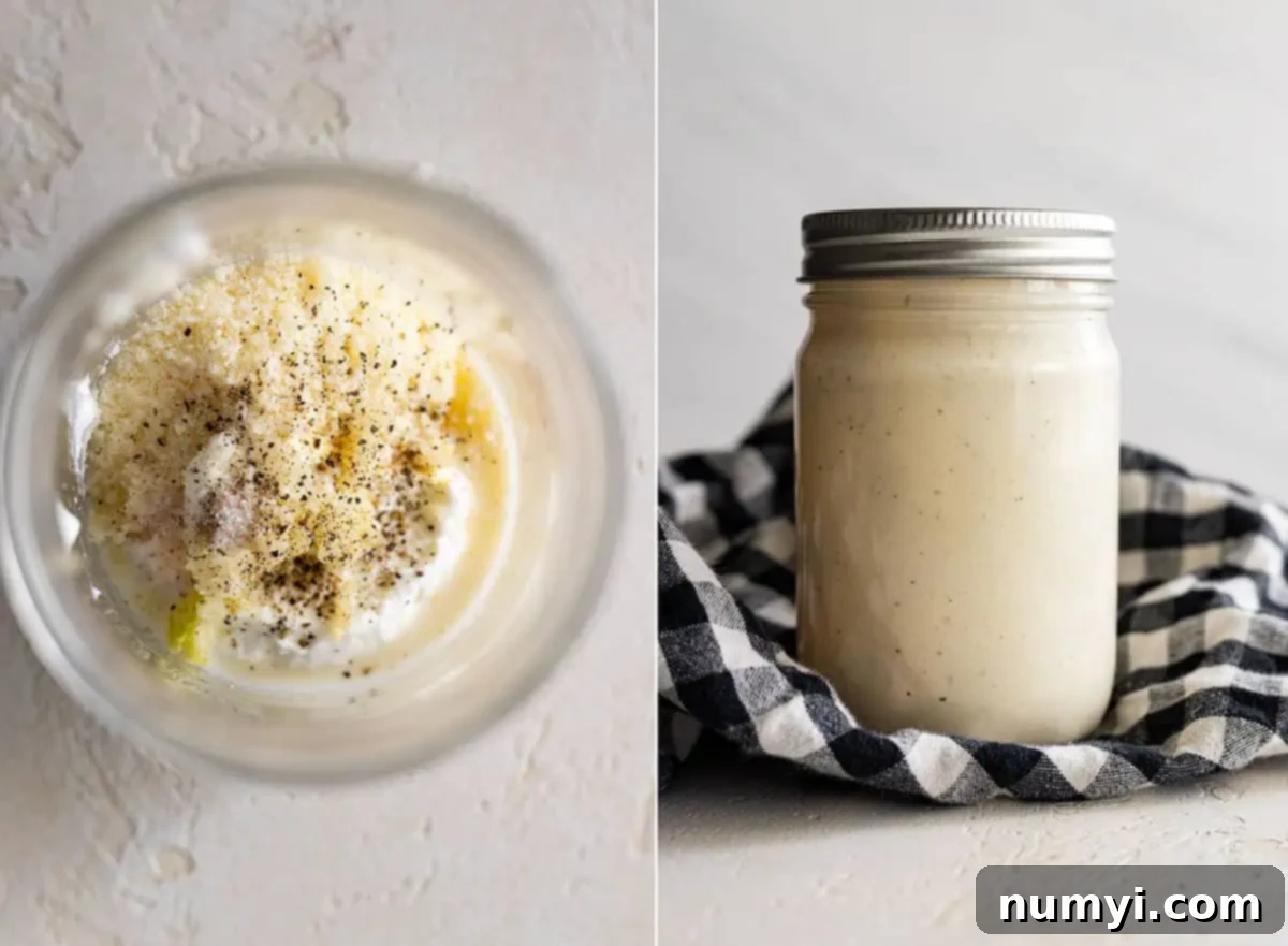 Two pictures showing how to mix up the dressing. 