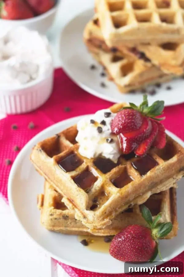 2 waffles with strawberries, syrup, whipped cream, chocolate chips, and fresh berries on top, a beautifully presented breakfast