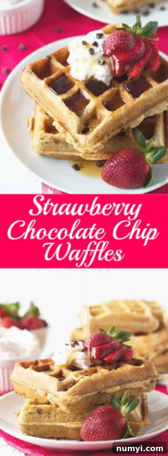 titled image (and shown): strawberry chocolate chip waffles, beautifully presented and garnished