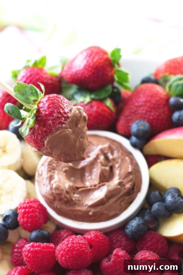 Smooth and creamy Chocolate Cream Cheese Fruit Dip, ideal for pairing with fresh fruit as a dessert or appetizer