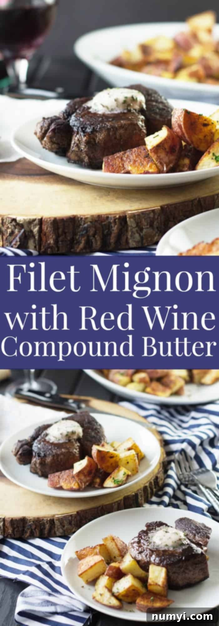 A collage of three appetizing photos: one showing a perfectly cooked steak with melted compound butter, another featuring a log of butter, and a third with the final plated meal.