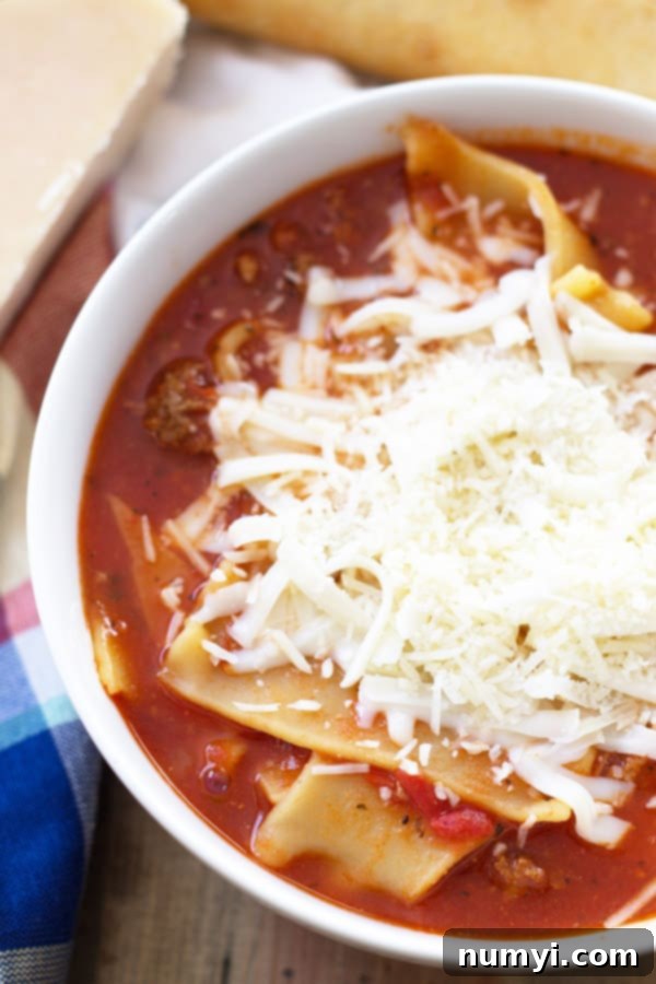 An overhead shot of a bowl of One Pot Lasagna Soup, highlighting the melted cheese topping and chunky ingredients.