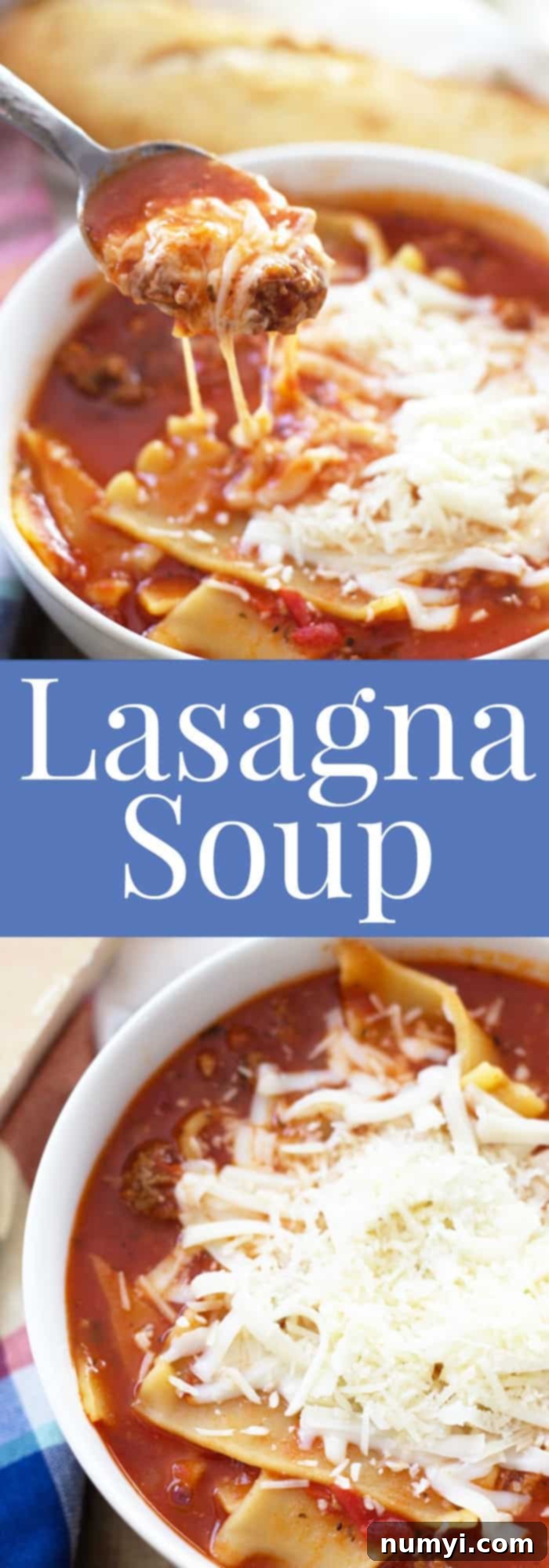 Two enticing photos of lasagna soup, one in a pot and one in a bowl, bisected by an elegant text overlay, emphasizing its appeal.
