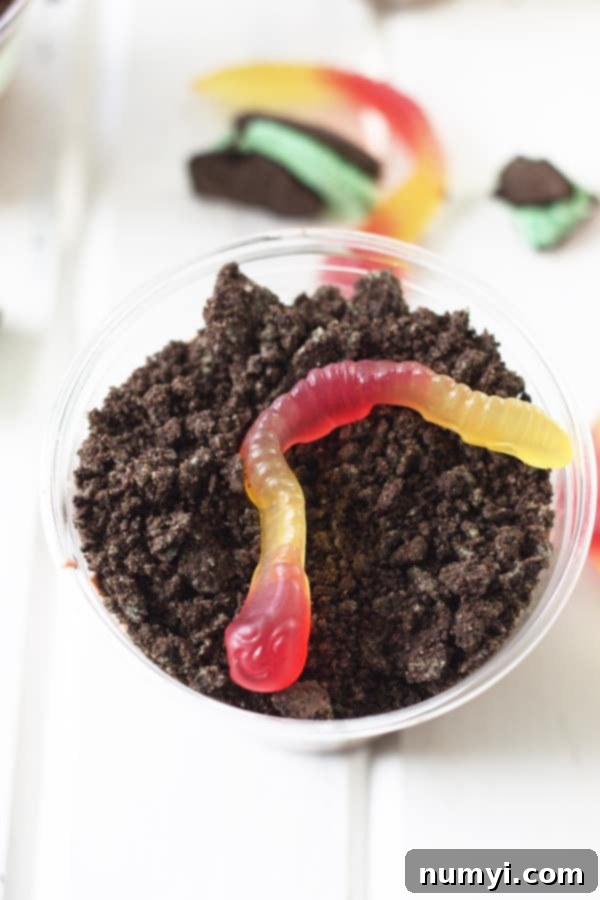Close-up overhead view of a St. Patrick's Day Dirt Cup, showcasing the crushed Oreo 'dirt' topping and playful gummy worms.