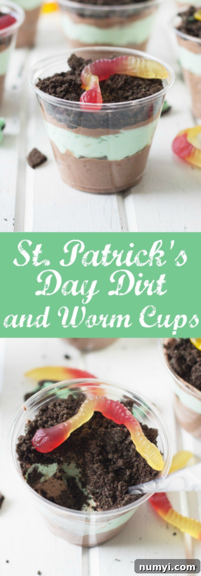 Collage of two St. Patrick's Day Dirt Cups, highlighting the festive green and mint chocolate theme, perfect for holiday celebrations.