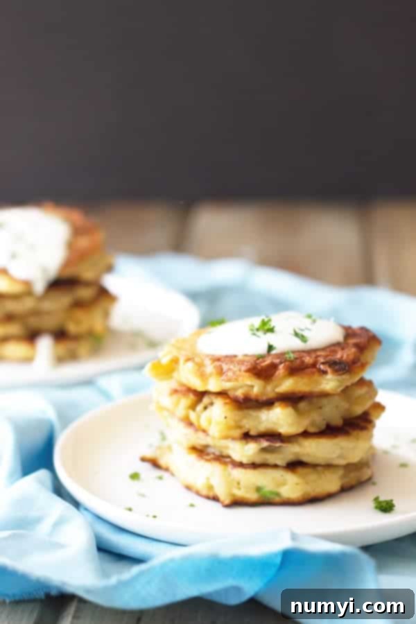 Golden Mashed Potato Fritters 5 A beautifully arranged plate of golden-brown mashed potato scallion pancakes, generously topped with creamy sour cream and vibrant fresh green herbs, creating an inviting and delicious presentation.