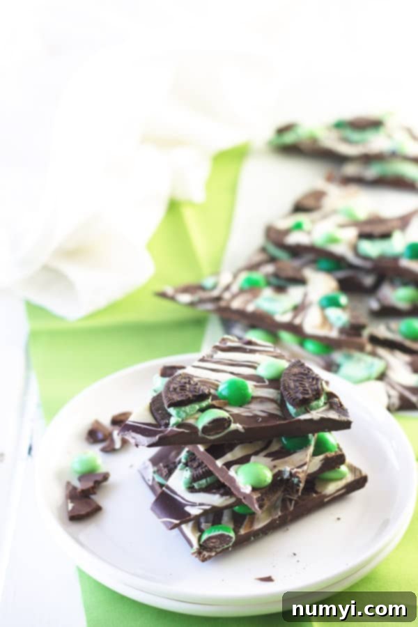Delicious St. Patrick's Day Bark pieces artfully arranged - a perfect, easy-to-make dessert for celebrating the holiday.