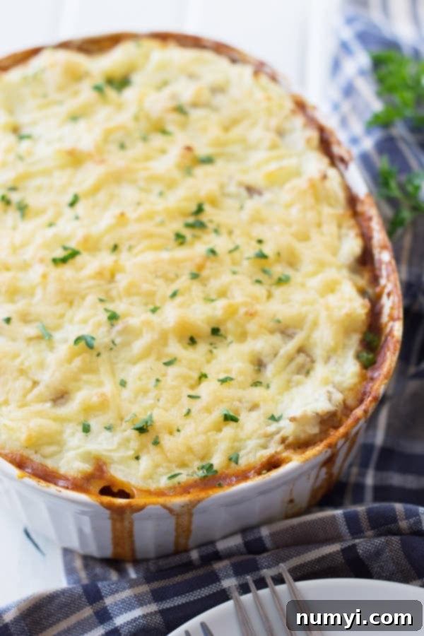 shepherd's pie in a casserole dish with slightly browned mashed potatoes, fresh from the oven