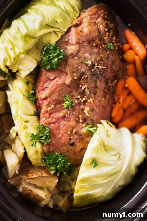 Perfect Slow Cooker Guinness Corned Beef 2 Top down view of tender corned beef, vibrant cabbage, golden potatoes, and sweet carrots, all perfectly cooked in a slow cooker.