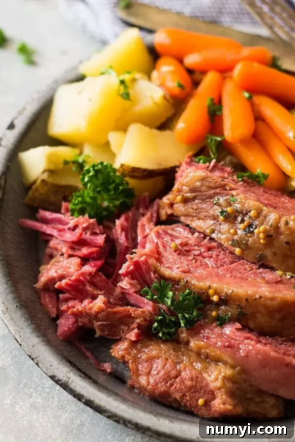 Perfect Slow Cooker Guinness Corned Beef 5 Close-up view of perfectly sliced, juicy corned beef showing its beautiful texture and tenderness.