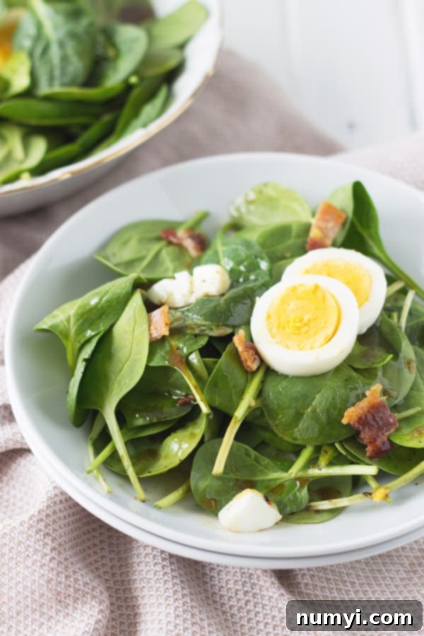 Overhead shot of wilted spinach salad with bacon.