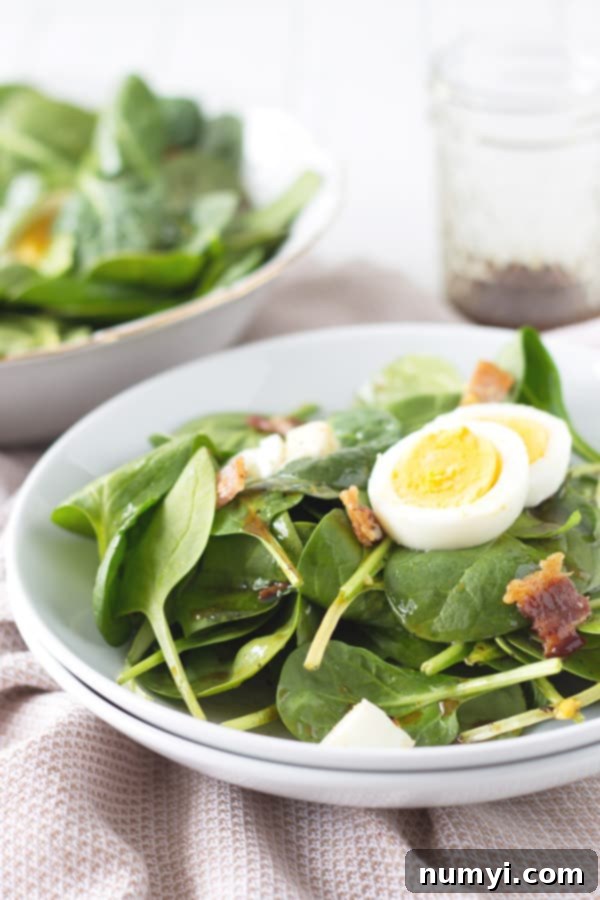 Side view of warm spinach salad with bacon in a circular white plate.