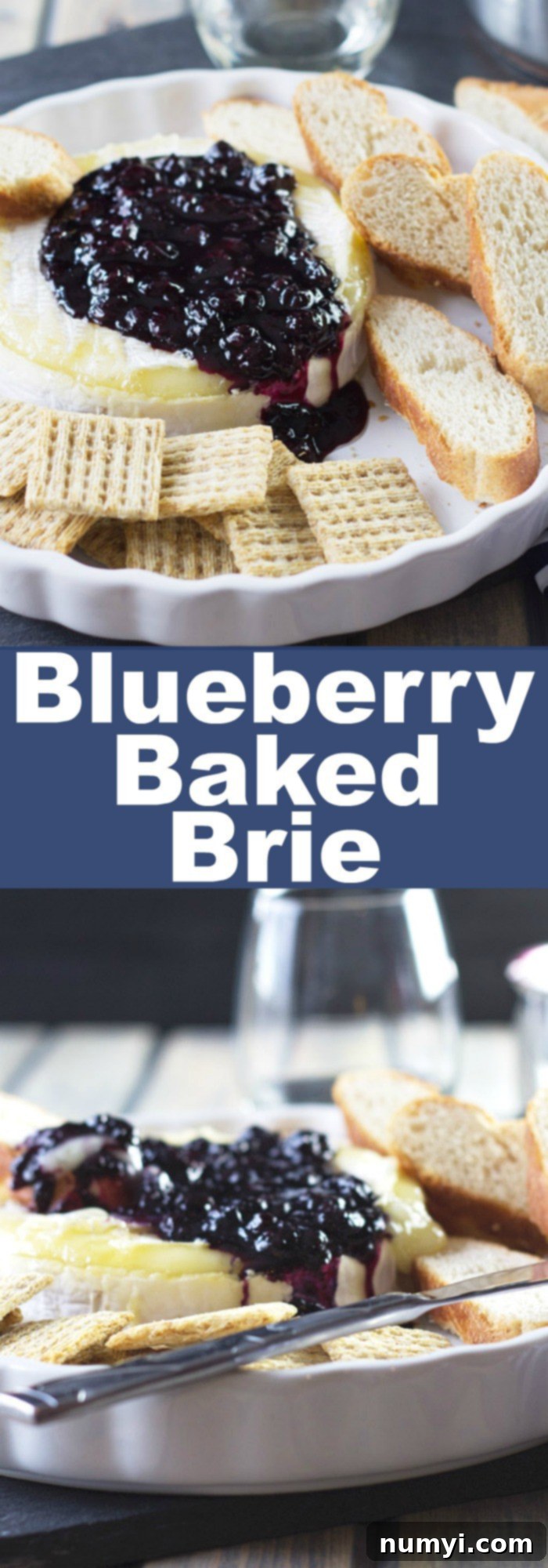 Sweet & Savory Blueberry Brie 6 Overhead shot of the finished Blueberry Baked Brie with a scoop taken out, showcasing the gooey cheese and vibrant sauce.