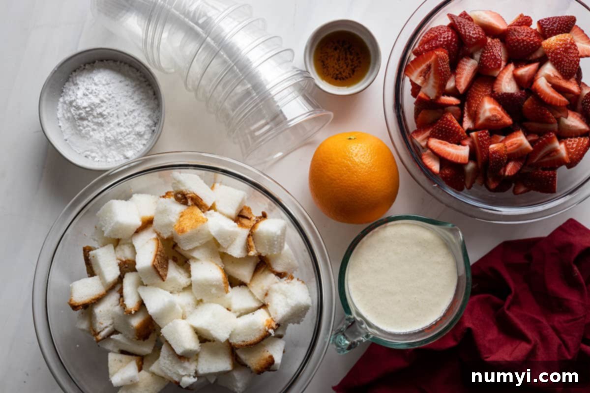 Ingredients: strawberries, oranges, vanilla, confectioners sugar, heavy cream, angel food cake, plastic cups.